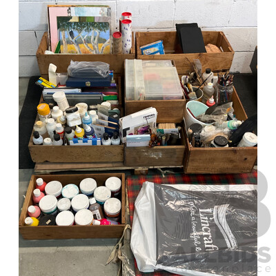 Pallet of Acrylic Paint, Pens, Brushes, Tools, Accessories, and Paper