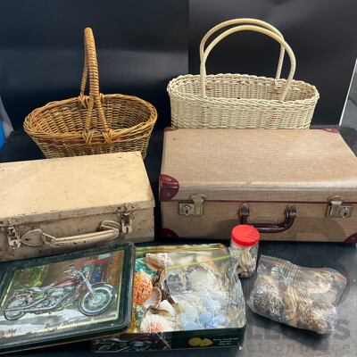 Vintage Suitcase, Picnic Basket, and Collection of Shells