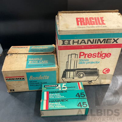 2 X Vintage HANIMEX 35mm Slide Projectors (800RF & 1800RF) with 3 X Han-o-matic Magazines