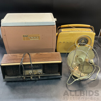 Vintage Household Items Collection - ESKY Portable Cooler, Bush Radio, Rambler Radio, Hecla Turbaire Fan