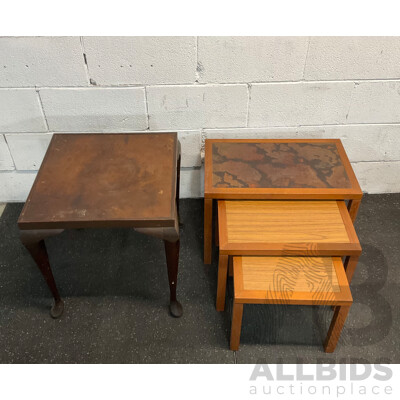 Vintage Square Carved Side Table &  Wood Grain Nesting Tables