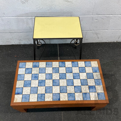Vintage Yellow Tile Top Metal-Leg Table & Blue with White Damier Table