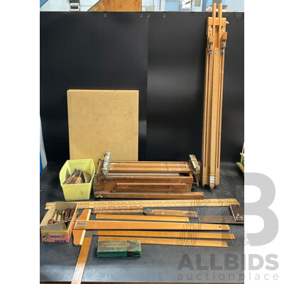 French Portable Artist's Easel & Assorted Vintage Crafting Tools, Ruler, Board, and More