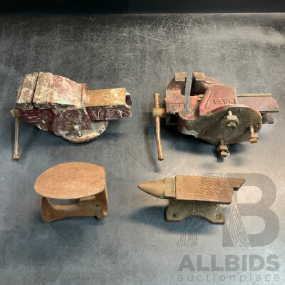 2x Vintage Dawn Engineers Vice & 2x Vintage Anvil - Lot of 4