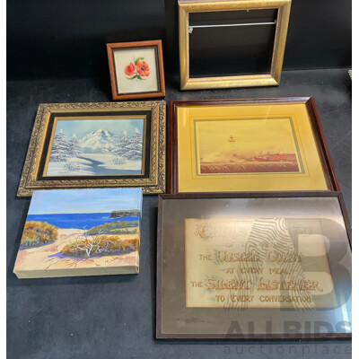 Framed 'Christ is the Head' Poem/ White Snow Painting /Sea Cliff Painting and More