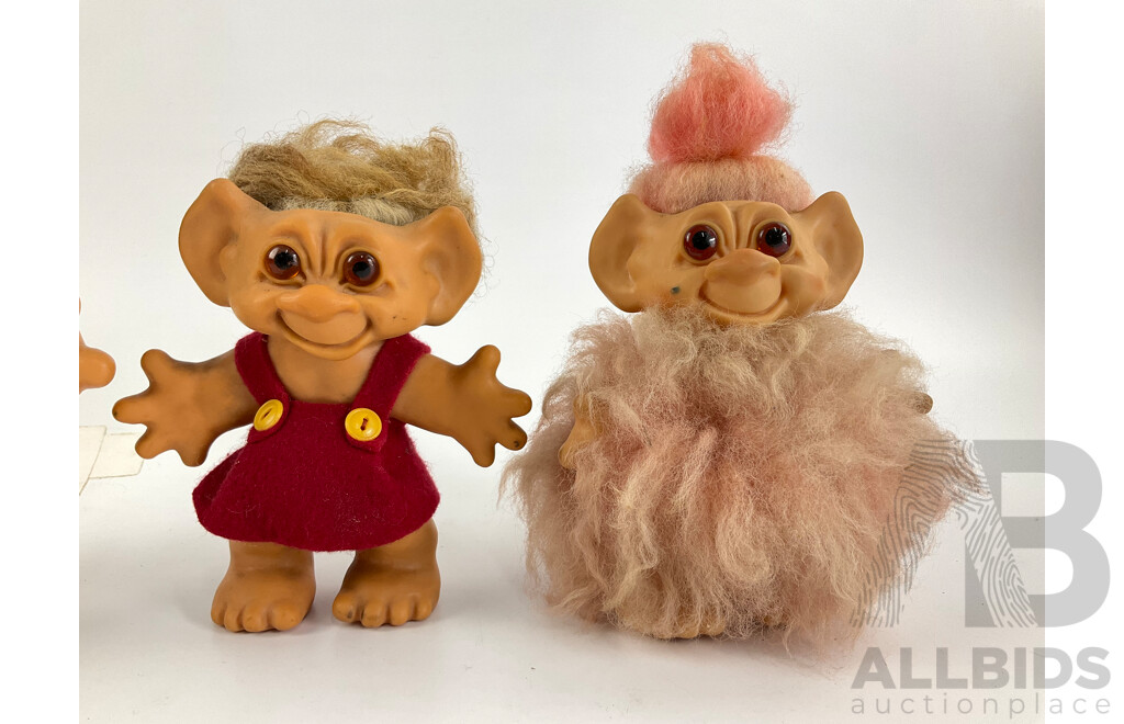 Five Vintage Troll Dolls, Including Three Thomas Dam, Made in New Zealand