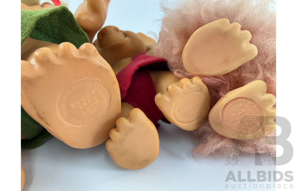 Five Vintage Troll Dolls, Including Three Thomas Dam, Made in New Zealand