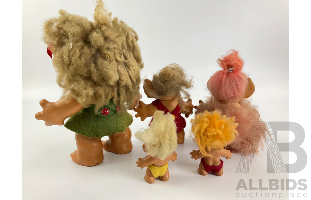 Five Vintage Troll Dolls, Including Three Thomas Dam, Made in New Zealand