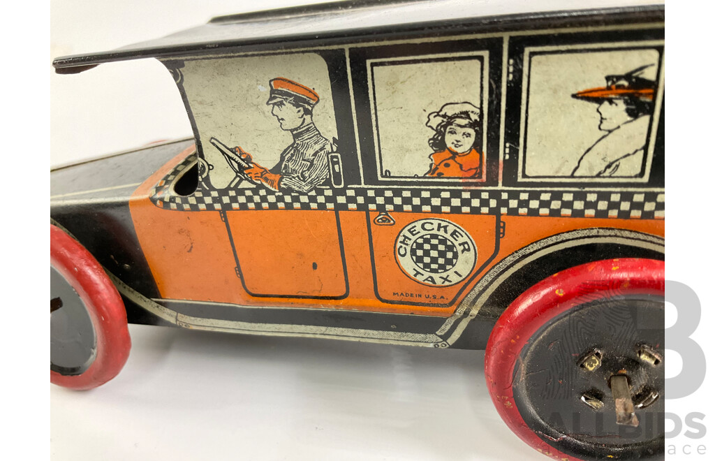 Vintage Mohawk Toys Pressed Steel Clockwork Checker Taxi, Made in USA
