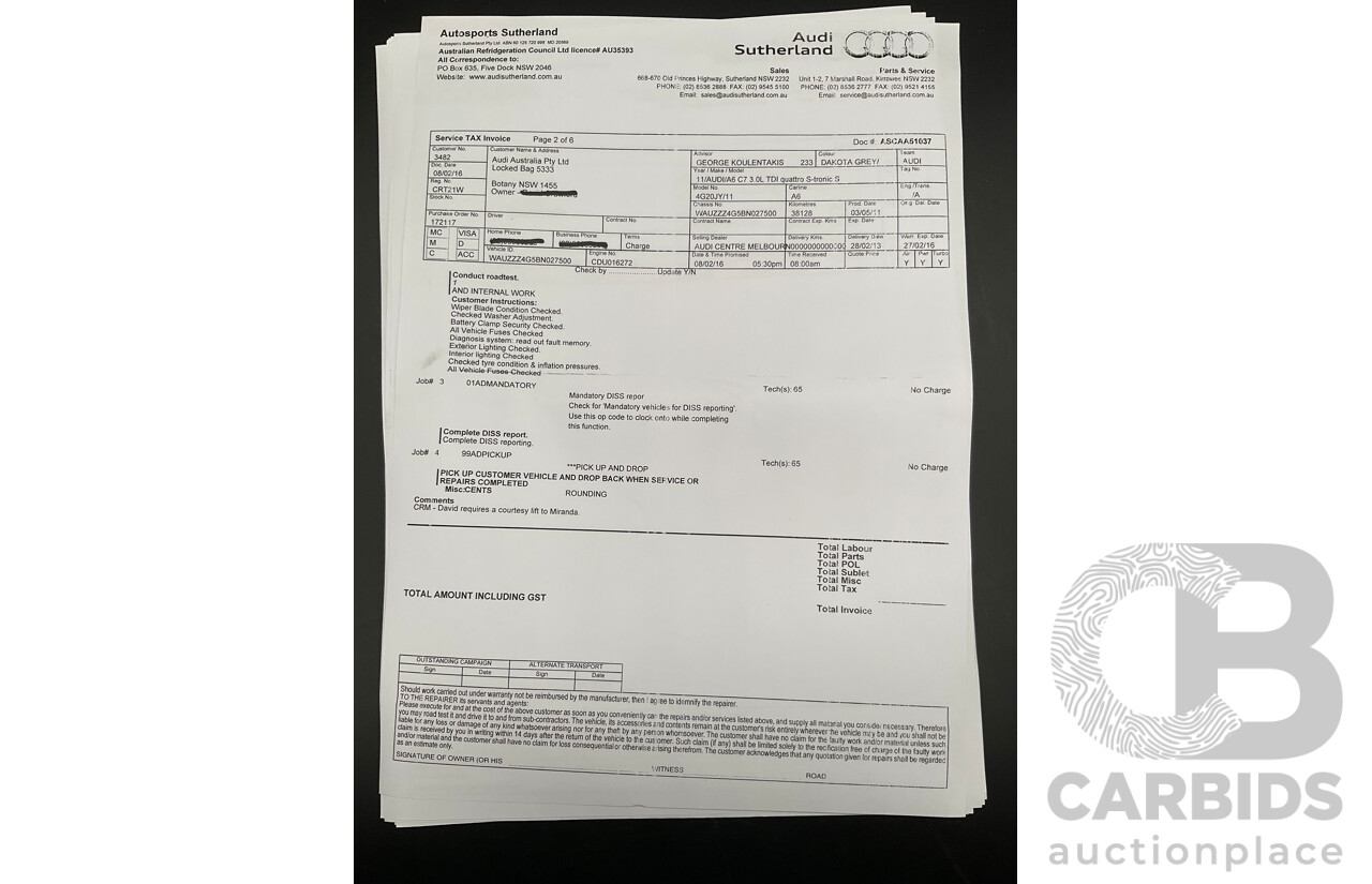 3/2012 Audi A6 3.0 TDi S-Line Quattro 4GL 4d Sedan Dakota Grey Metallic Turbo Diesel V6 3.0L