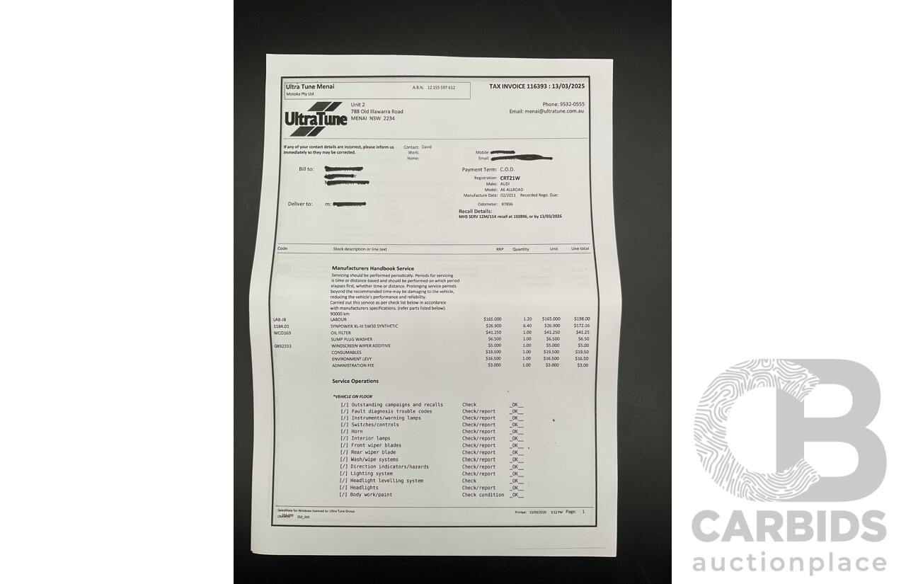 3/2012 Audi A6 3.0 TDi S-Line Quattro 4GL 4d Sedan Dakota Grey Metallic Turbo Diesel V6 3.0L