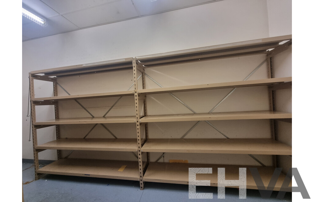 2 Bays of Kitchen Storage Shelving & Brown Built 2 Door Metal Cabinet Locker