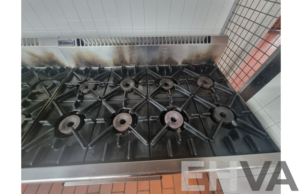 Waldorf by Moffat 8 Burner Gas Cook Top with Under Bench Fan Forced Electric Oven Combo