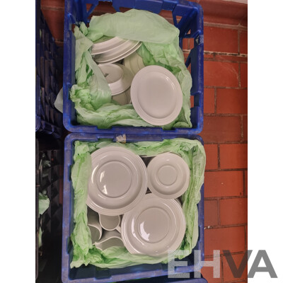 Lot of 6 Milk Crates of Crockery ETC