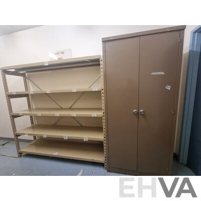 2 Bays of Kitchen Storage Shelving & Brown Built 2 Door Metal Cabinet Locker