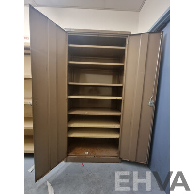 2 Bays of Kitchen Storage Shelving & Brown Built 2 Door Metal Cabinet Locker