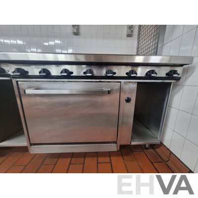 Waldorf by Moffat 8 Burner Gas Cook Top with Under Bench Fan Forced Electric Oven Combo