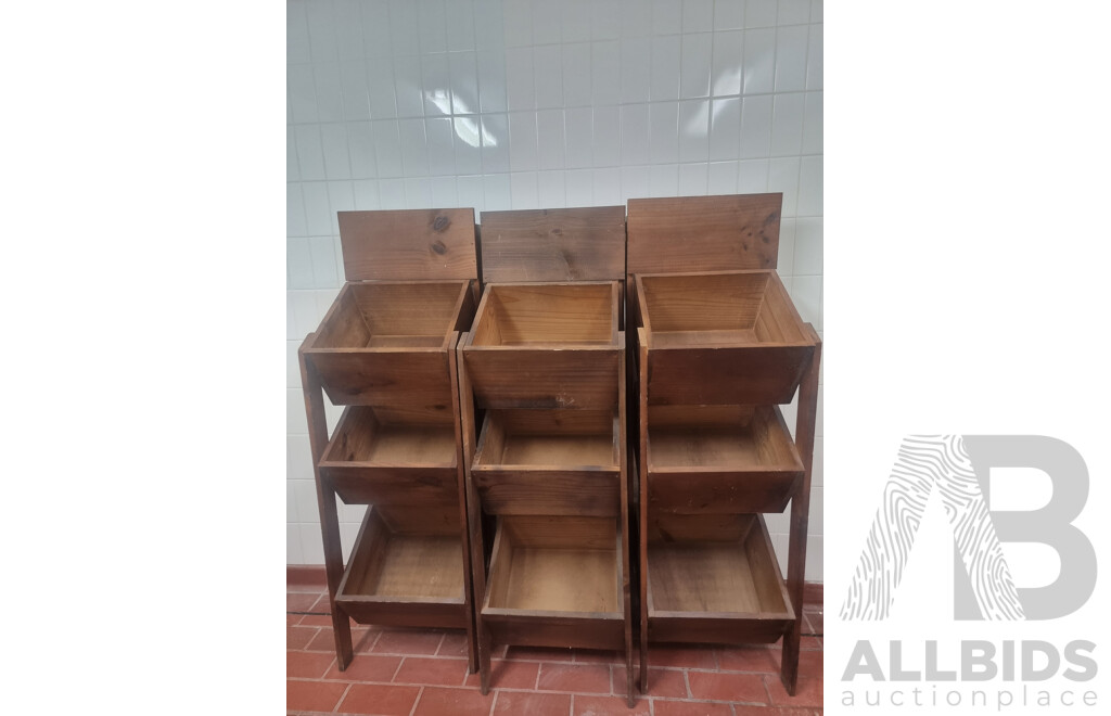 Lot of 3 Wooden Fruit Display Stands & 1 Wooden Shop Display Stand on Wheels