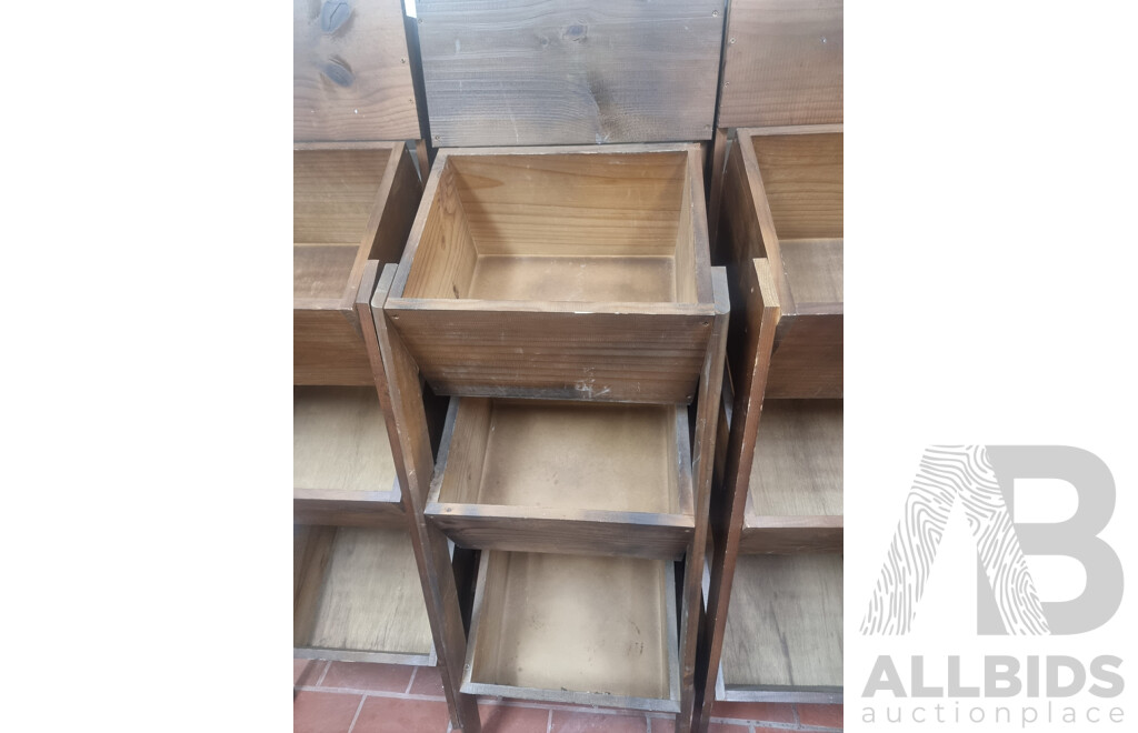 Lot of 3 Wooden Fruit Display Stands & 1 Wooden Shop Display Stand on Wheels