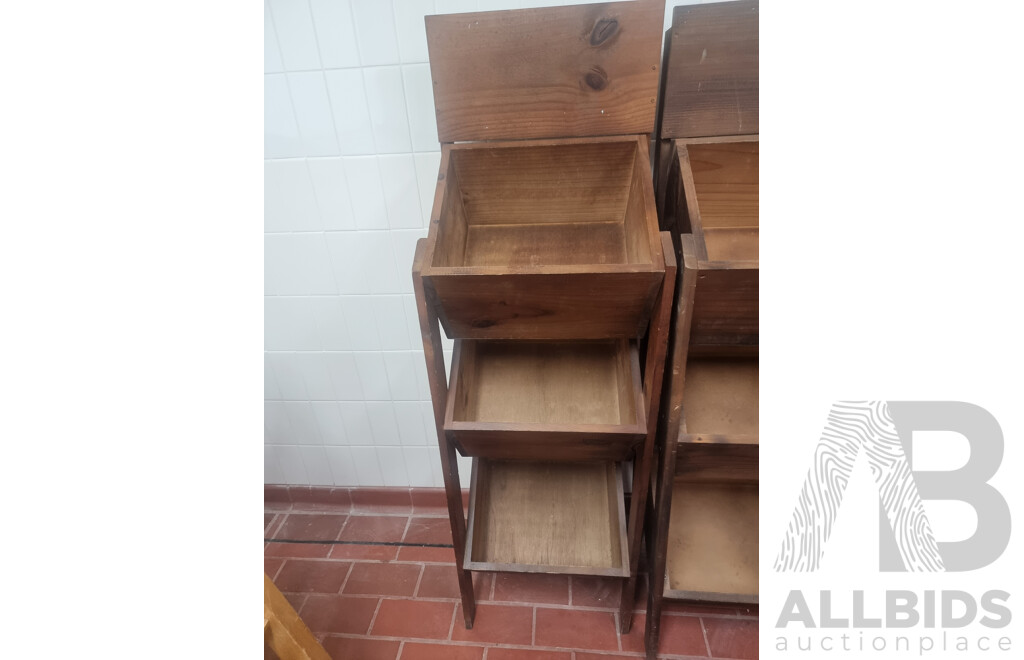 Lot of 3 Wooden Fruit Display Stands & 1 Wooden Shop Display Stand on Wheels