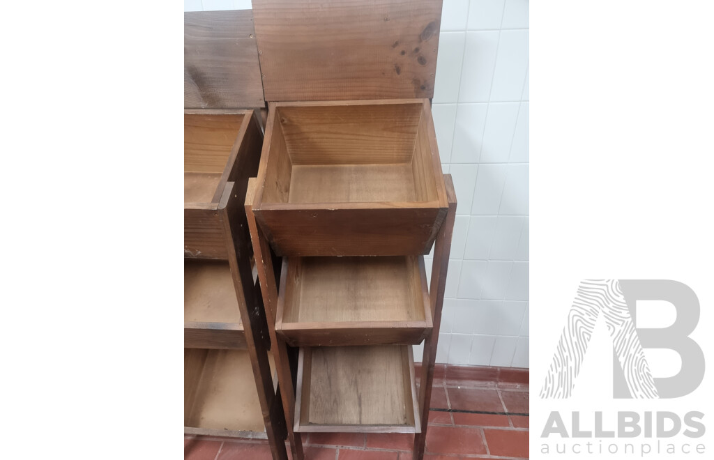 Lot of 3 Wooden Fruit Display Stands & 1 Wooden Shop Display Stand on Wheels
