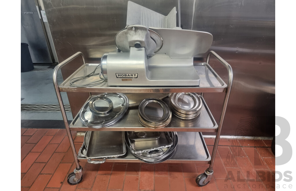 Hobart Commercial Meat Slicer with 4 Wheeled Stainless Steel Service Trolley