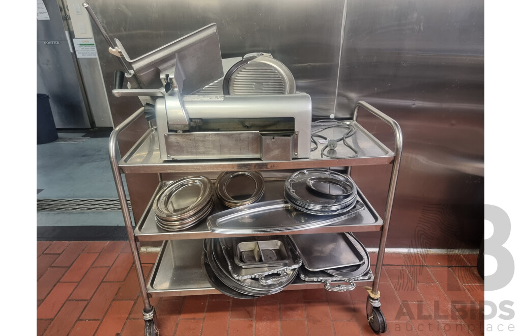 Hobart Commercial Meat Slicer with 4 Wheeled Stainless Steel Service Trolley