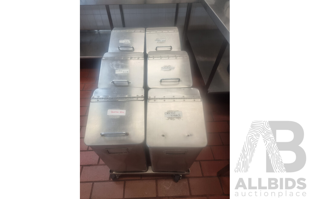 6 Stainless Steel Flour Bins on Dollies