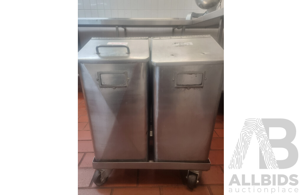 6 Stainless Steel Flour Bins on Dollies