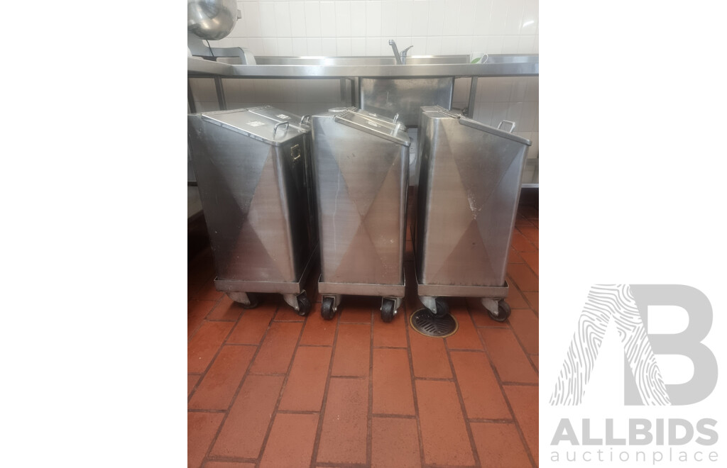 6 Stainless Steel Flour Bins on Dollies
