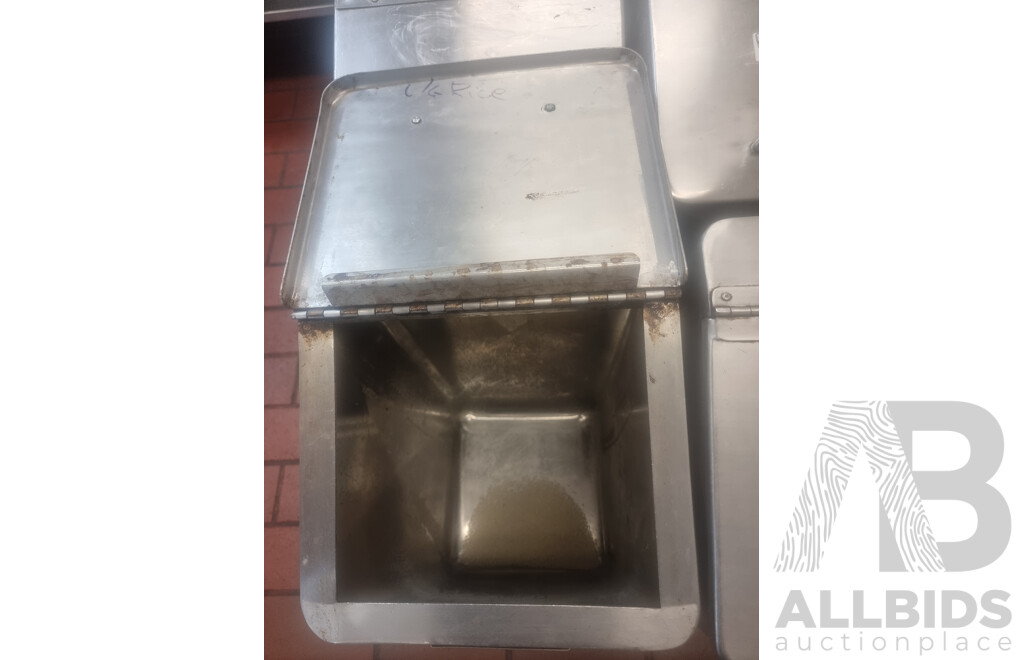 6 Stainless Steel Flour Bins on Dollies