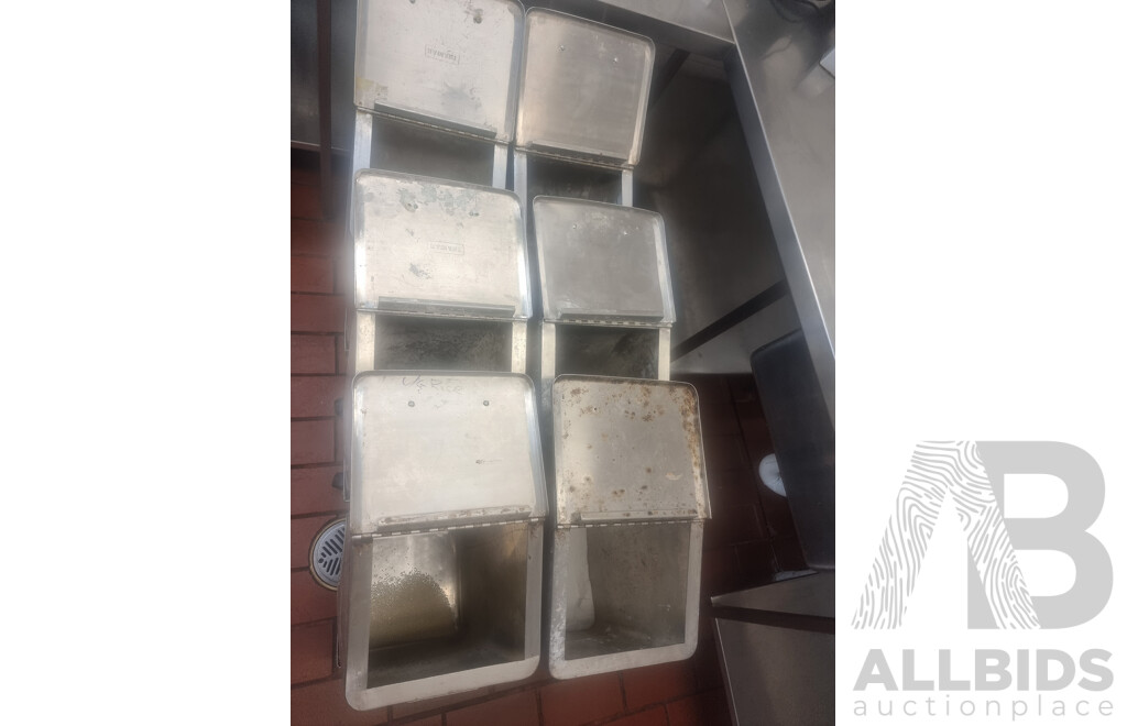 6 Stainless Steel Flour Bins on Dollies