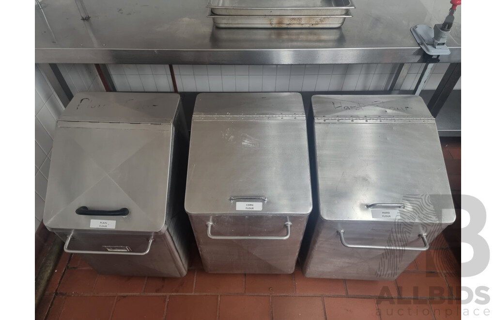 Job Lot of 3 Stainless Steel Flour Bins on Wheels