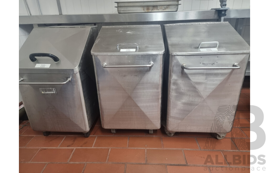 Job Lot of 3 Stainless Steel Flour Bins on Wheels