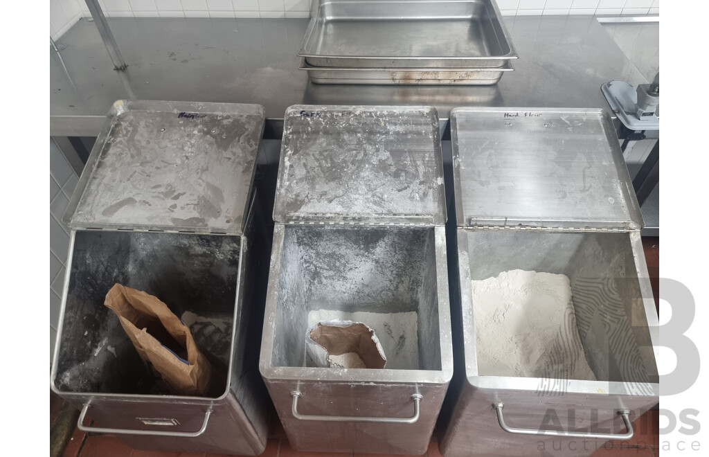 Job Lot of 3 Stainless Steel Flour Bins on Wheels