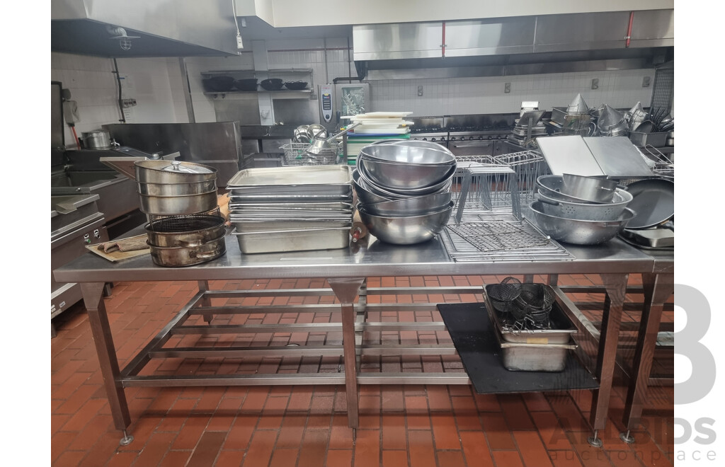 2 Stainless Steel Workbench with Under Shelf Storage Including Miscellaneous Cooking Equipment ETC