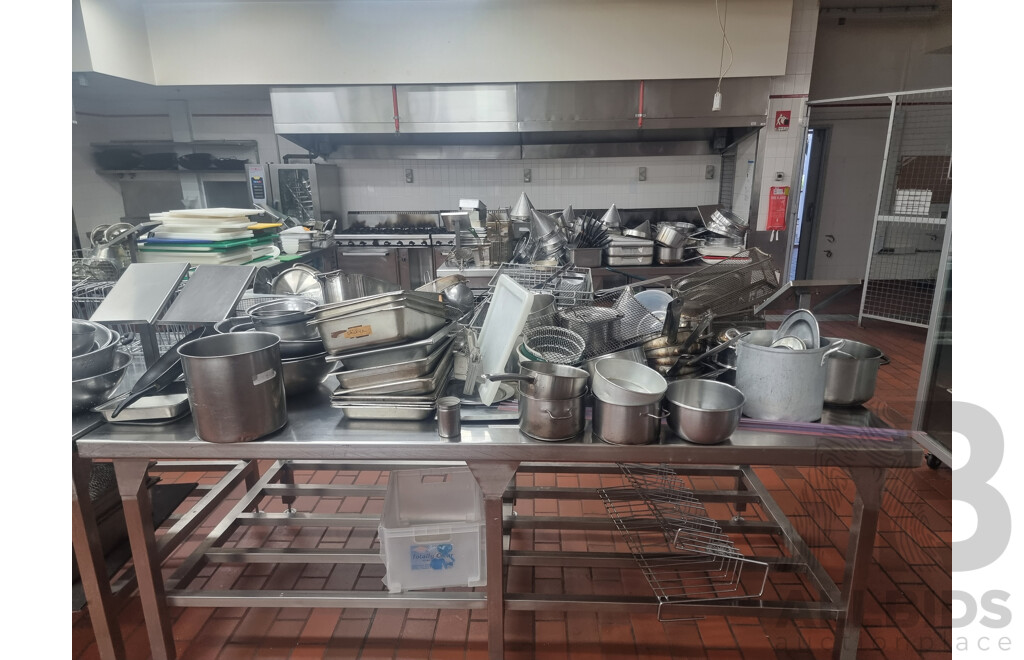 2 Stainless Steel Workbench with Under Shelf Storage Including Miscellaneous Cooking Equipment ETC