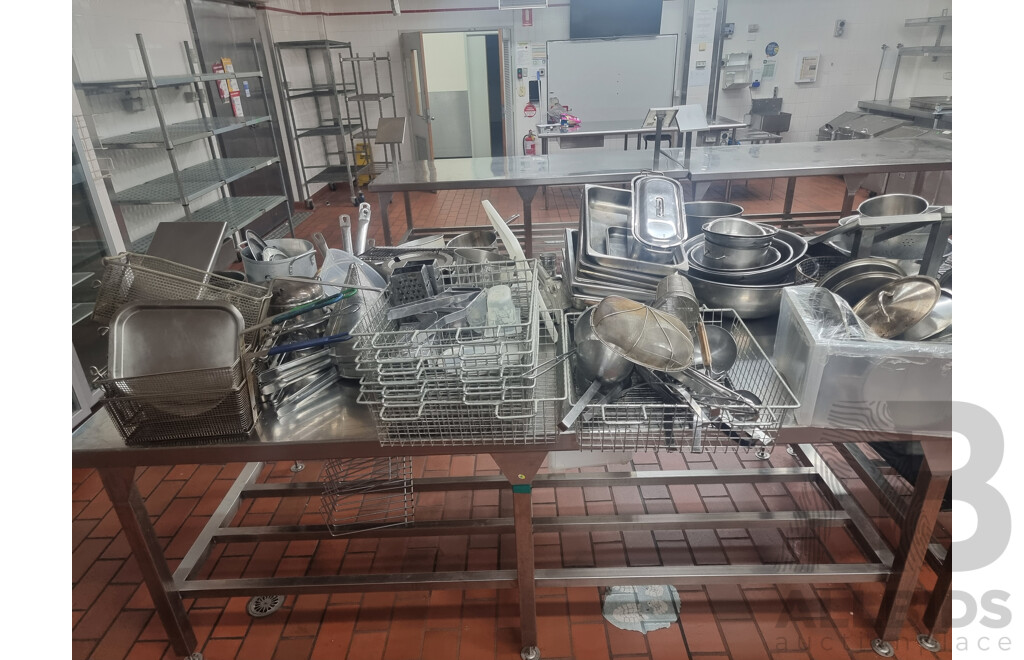 2 Stainless Steel Workbench with Under Shelf Storage Including Miscellaneous Cooking Equipment ETC