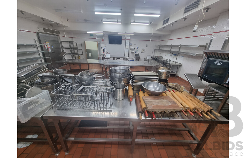 2 Stainless Steel Workbench with Under Shelf Storage Including Miscellaneous Cooking Equipment ETC