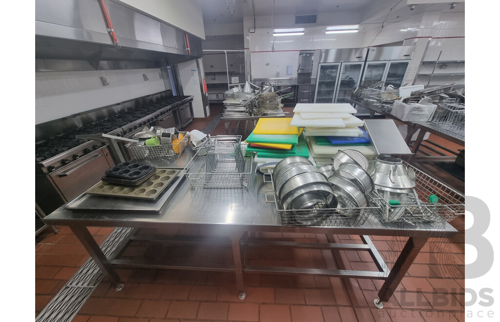 2 Stainless Steel Workbench with Under Shelf Storage Including Miscellaneous Cooking Equipment ETC