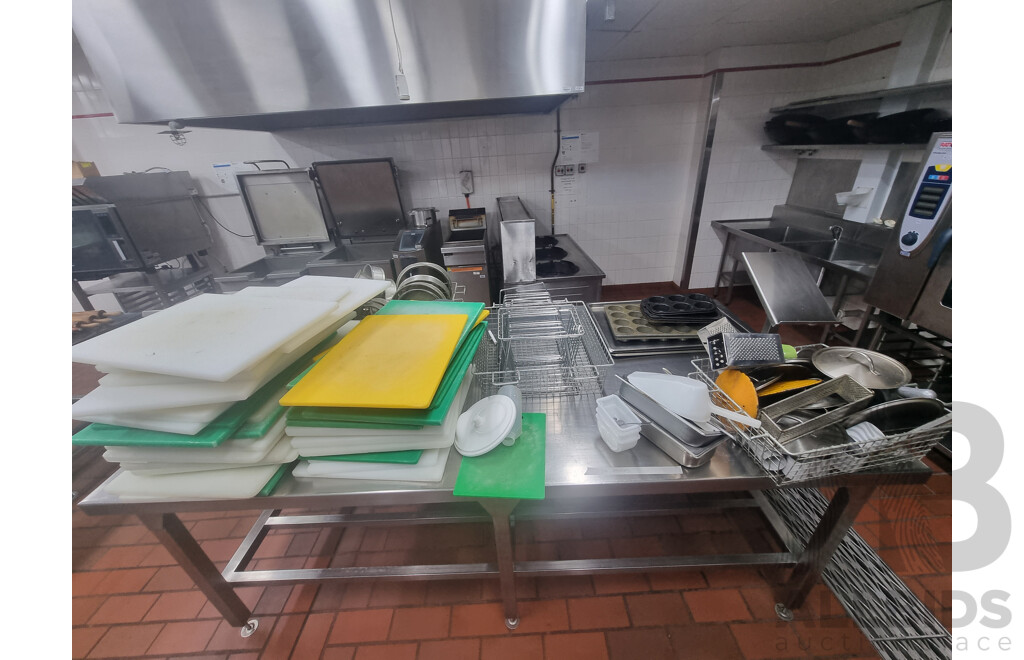 2 Stainless Steel Workbench with Under Shelf Storage Including Miscellaneous Cooking Equipment ETC