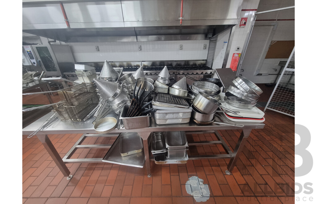 2 Stainless Steel Workbench with Under Shelf Storage Including Miscellaneous Cooking Equipment ETC