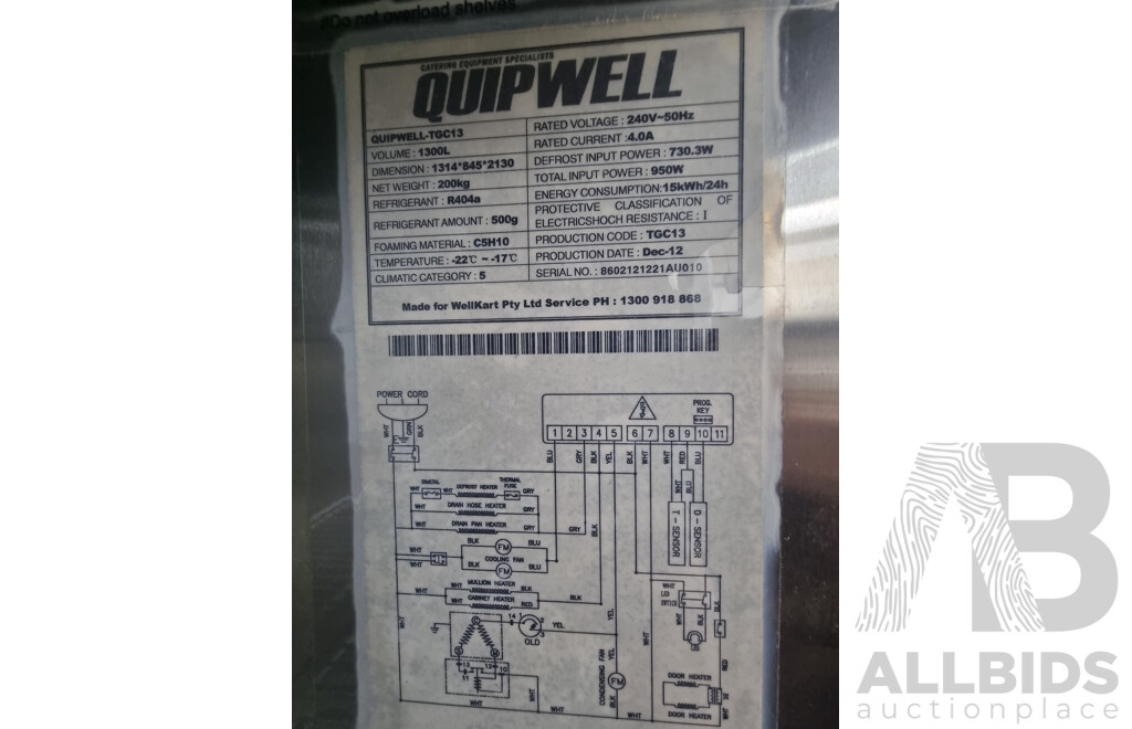Quipwell Commercial 2 Door 1300L Glass Door Fridge
