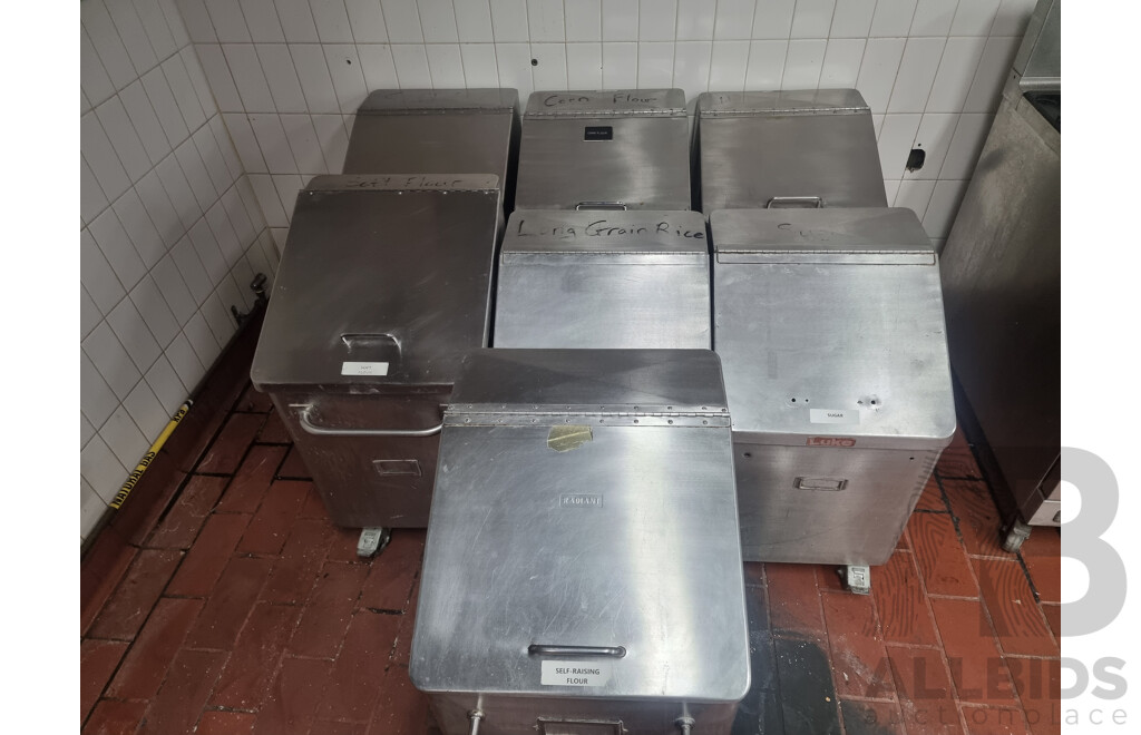 7 Stainless Steel Flour Bins on Wheels