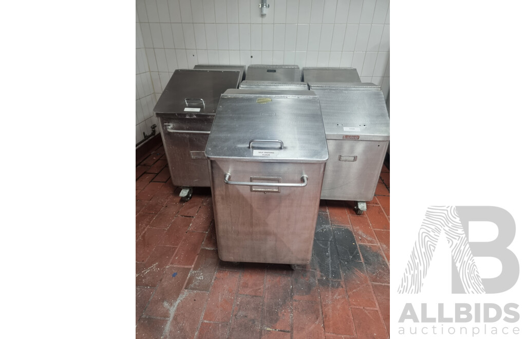 7 Stainless Steel Flour Bins on Wheels