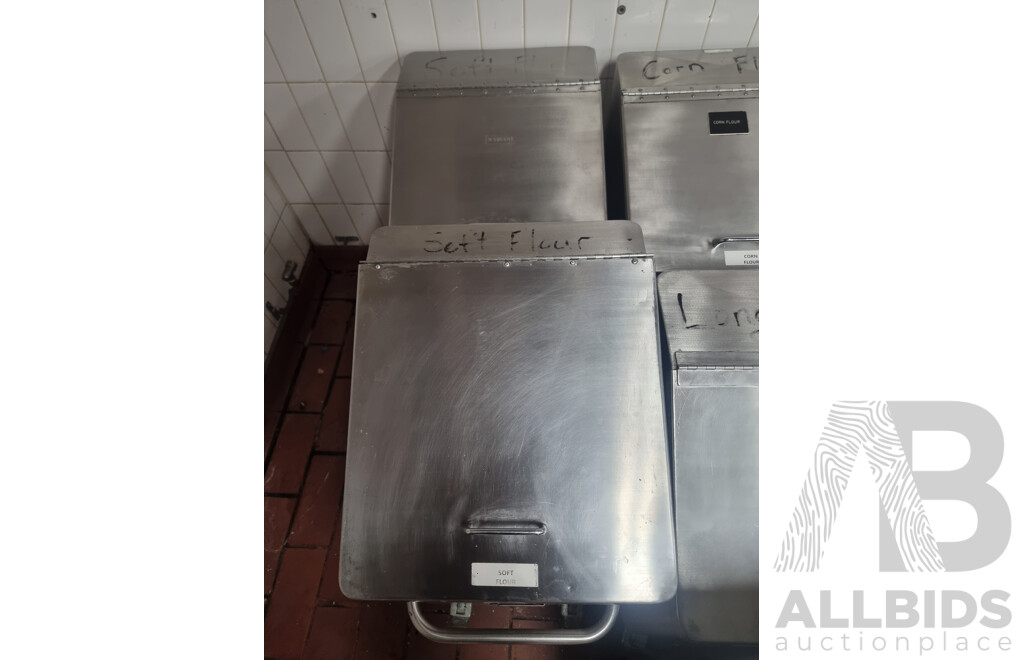 7 Stainless Steel Flour Bins on Wheels