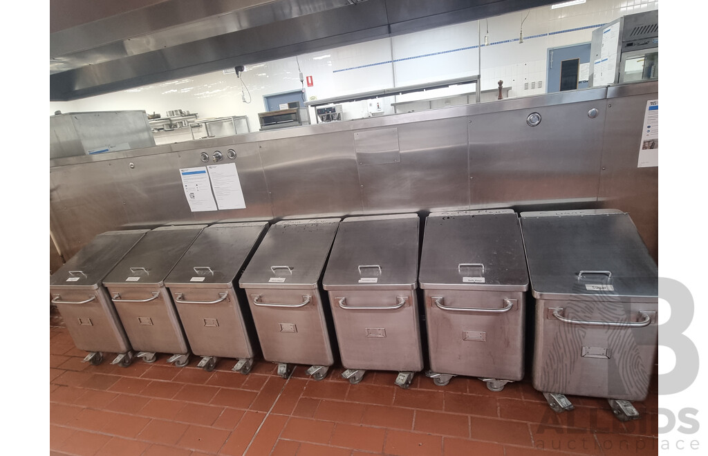 7 Stainless Steel Flour Bins on Wheels