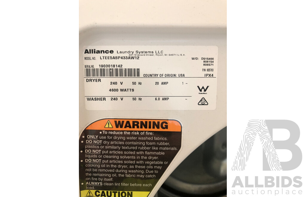 Alliance Laundry Systems Stacked Commercial Washer and Dryer