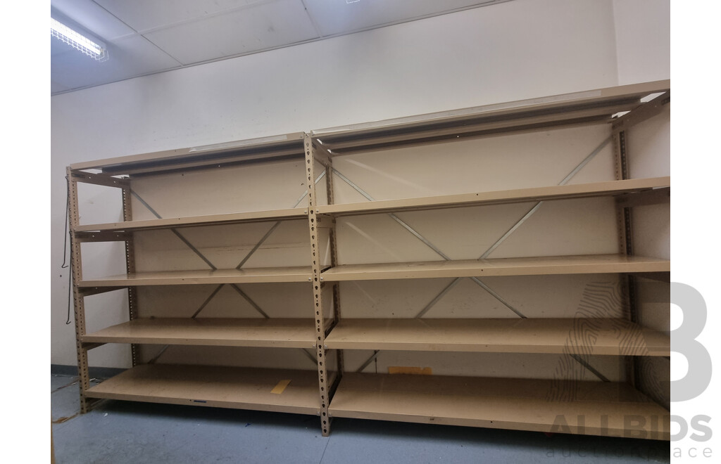 2 Bays of Kitchen Storage Shelving & Brown Built 2 Door Metal Cabinet Locker