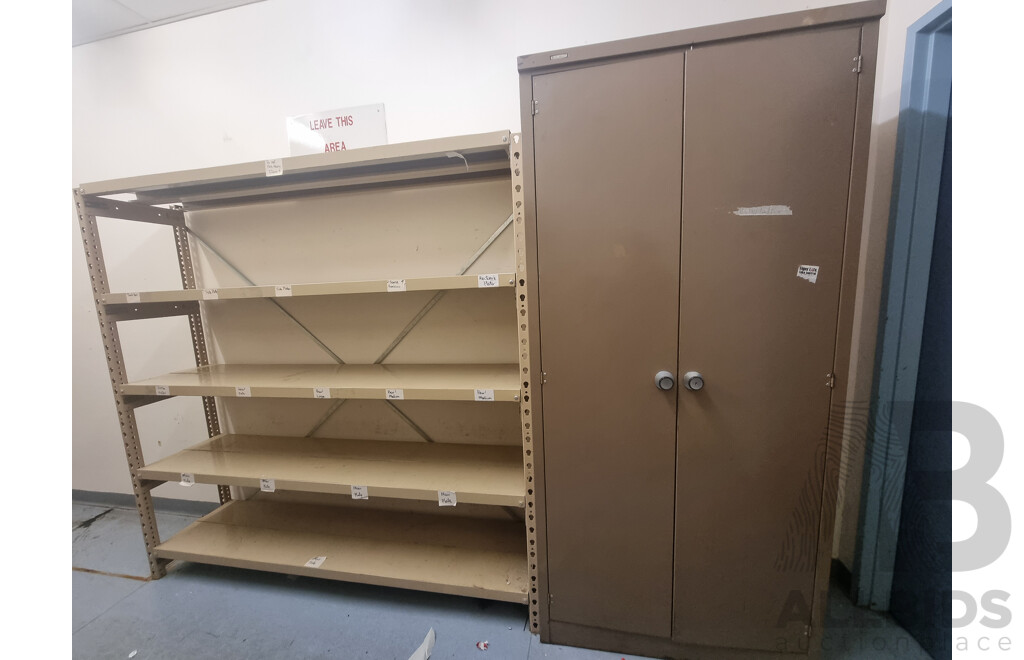 2 Bays of Kitchen Storage Shelving & Brown Built 2 Door Metal Cabinet Locker